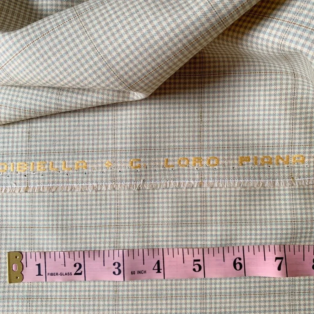 Pure Wool Taupe Blue Check Dibiella & Loro Piana Luxury Designer Fabric - Picture 1 of 14